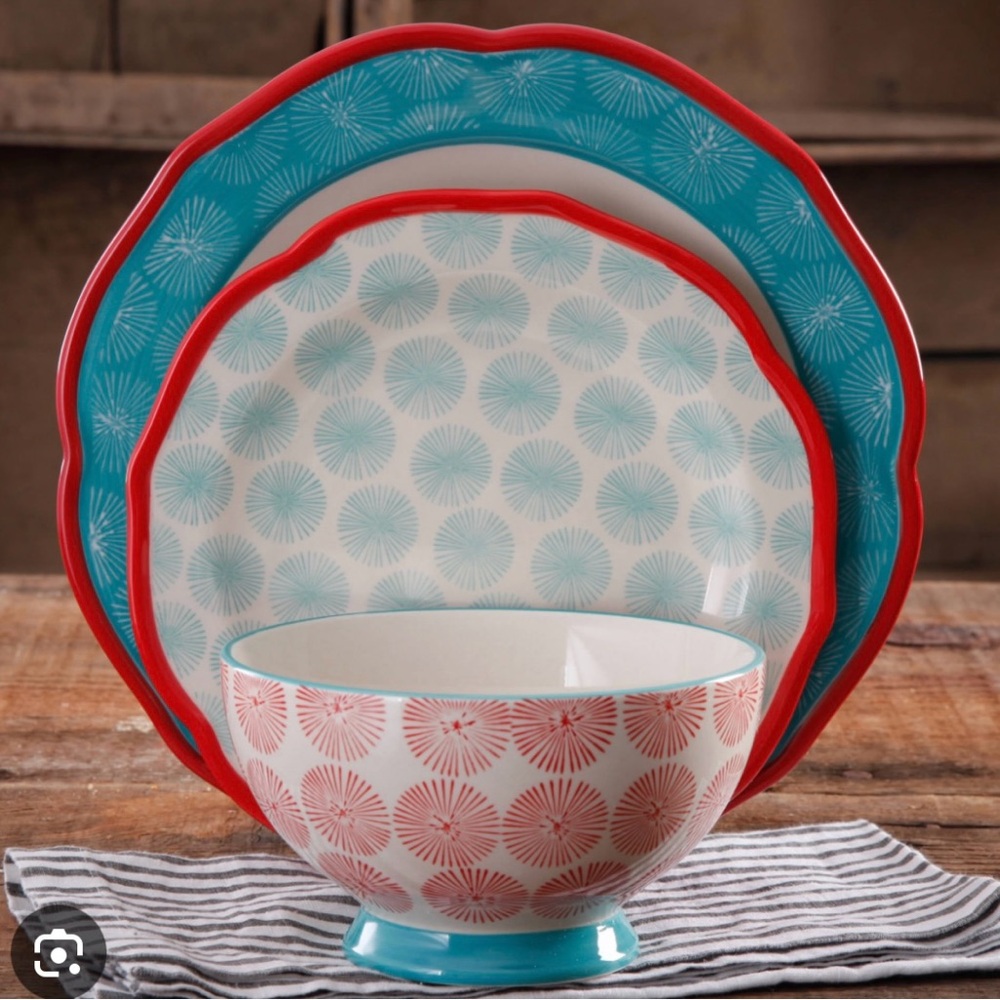 Pioneer Woman Turquoise & Coral Patterned Ceramic Dinnerware Set